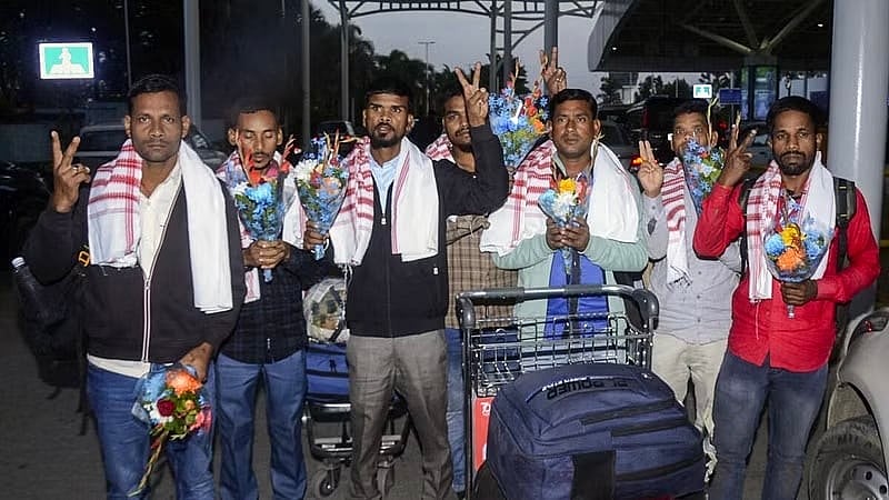<div class="paragraphs"><p>The rescued workers on their arrival at the Birsa Munda Airport in Ranchi from Cameroon in December.  </p></div>