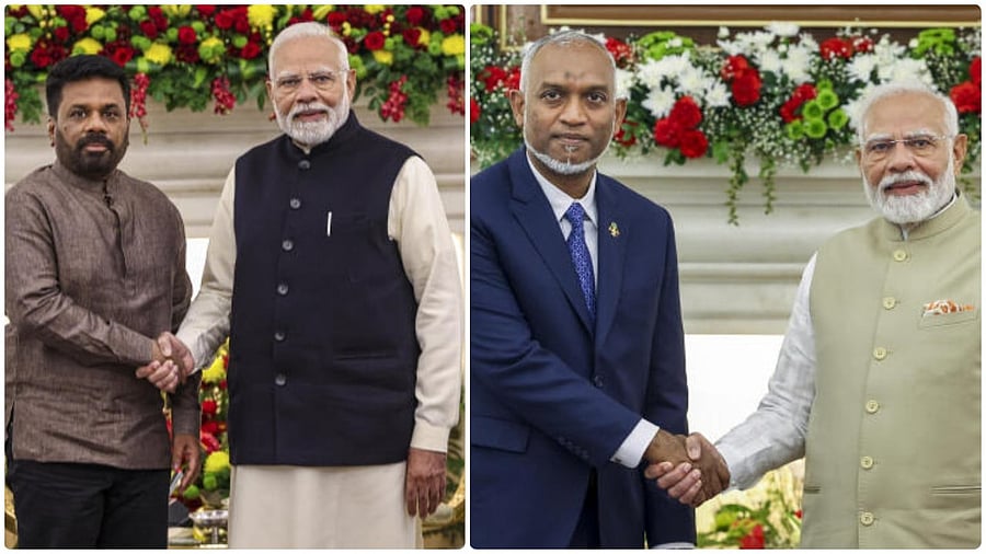 <div class="paragraphs"><p>Prime Minister Narendra Modi with Sri Lankan President Anura Kumara Dissanayake (Left); Prime Minister Narendra Modi with President of Maldives Mohamed Muizzu (Right).</p></div>