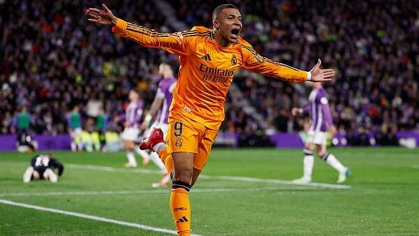 <div class="paragraphs"><p>Football - LaLiga - Real Valladolid v Real Madrid - Estadio Jose Zorrilla, Valladolid, Spain - January 25, 2025 Real Madrid's Kylian Mbappe celebrates scoring their second goal.</p></div>
