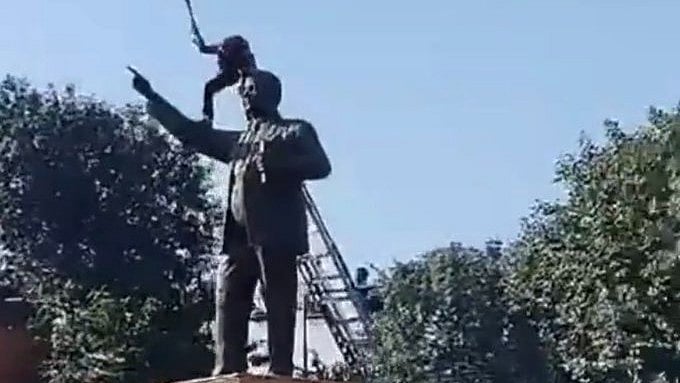 <div class="paragraphs"><p>A purported video of the incident went viral on social media in which the man could be seen climbing up the statue using a long steel ladder and carrying a hammer.</p></div>