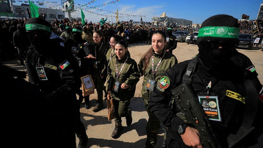 <div class="paragraphs"><p>Four Israeli female soldiers, Naama Levy, Liri Albag, Daniella Gilboa and Karina Ariev, are released by Hamas militants as part of a ceasefire and a hostages-prisoners swap deal between Hamas and Israel, in Gaza City.</p></div>