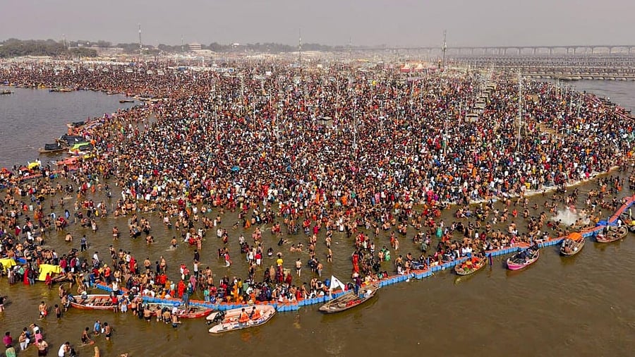 <div class="paragraphs"><p>Devotees gather to take a holy dip at the Sangam during Maha Kumbh Mela in Prayagraj.</p></div>