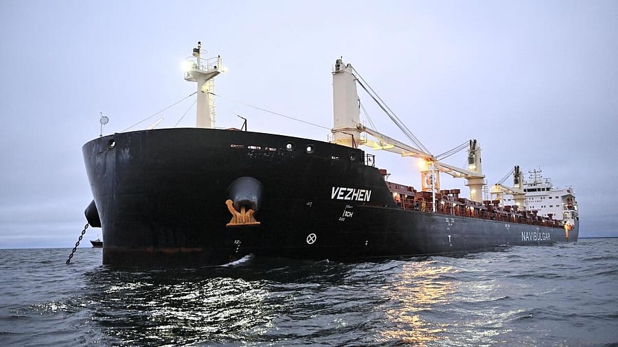 <div class="paragraphs"><p>The cargo ship Vezhen is anchored for examination by Swedish authorities outside Karlskrona, Sweden, January 27, 2025. According to tracking sites, the ship passed the area of the Latvian fiber cable that was damaged in the Swedish economic zone off Gotland on Sunday.</p></div>