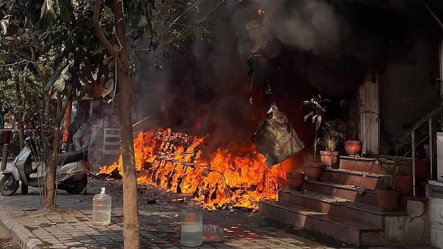 <div class="paragraphs"><p>The Okinawa Galaxy Showroom on Dr Rajkumar Road, where the fire broke out around 2 pm on Monday.</p></div>