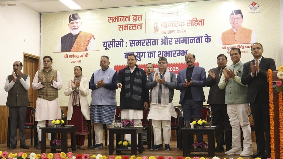 <div class="paragraphs"><p>Uttarakhand CM Pushkar Singh Dhami during an event to announce the implementation of the Uniform Civil Code in Dehradun on Monday.</p></div>