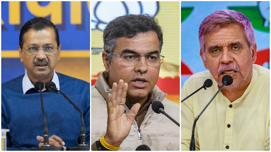 <div class="paragraphs"><p>AAP's Arvind Kejriwal (L); BJP's Parvesh Verma (C); Congress' Sandeep Dikshit (R).</p></div>