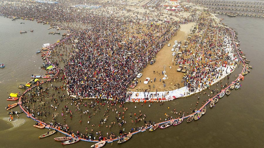 <div class="paragraphs"><p>An aerial view of devotees taking a holy dip at Sangam during the ongoing ‘Maha Kumbh Mela’ festival, in Prayagraj, Uttar Pradesh</p></div>