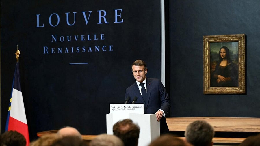 <div class="paragraphs"><p>France's President Emmanuel Macron gives a speech at the Louvre Museum in Paris on January 28, 2025.</p></div>