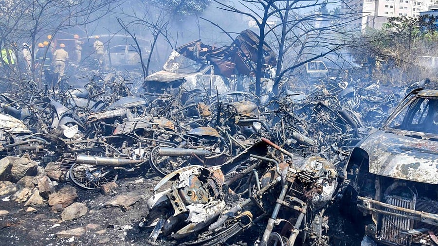 <div class="paragraphs"><p>The parking facility at Srirampuram, where the fire broke out on Wednesday morning. </p></div>