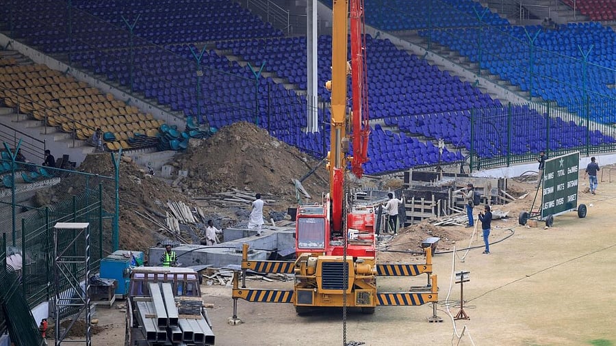 <div class="paragraphs"><p>Technicians and labourers work during a media tour, organised by the Pakistan Cricket Board (PCB), to showcase the progress of the renovation work ahead of the ICC Champions Trophy 2025 tournament at the National Bank Stadium in Karachi, Pakistan January 28, 2025.</p></div>