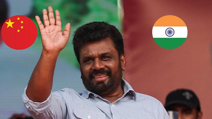 <div class="paragraphs"><p>Anura Kumara Dissanayake seen here with inset images of Chinese and Indian national flags</p></div>