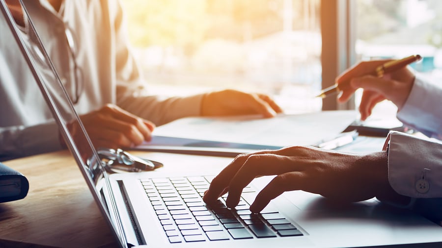 Business people or doctor talking to customer and using laptop at office room.
Information , IT