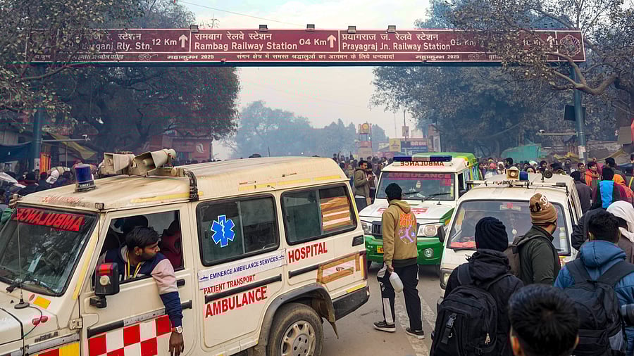 <div class="paragraphs"><p>Ambulances are seen amid rescue operation after a stampede-like situation during the ongoing 'Maha Kumbh Mela' festival, in Prayagraj, Wednesday, Jan. 29, 2025.</p></div>