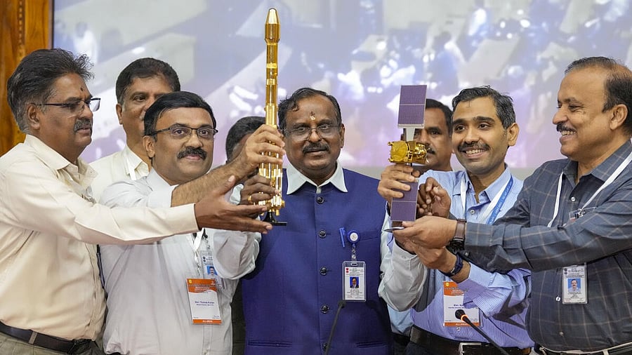 <div class="paragraphs"><p>Indian Space Research Organisation (ISRO) Chairman V Narayanan with others during a press conference after the space agency’s 100th mission, in Sriharikota, Andhra Pradesh, Wednesday, Jan. 29, 2025.</p></div>