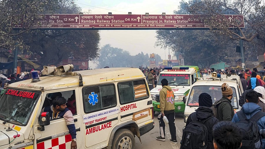 <div class="paragraphs"><p>Ambulances are seen amid rescue operation after stampede during the ongoing 'Maha Kumbh Mela' festival, in Prayagraj.&nbsp;</p></div>