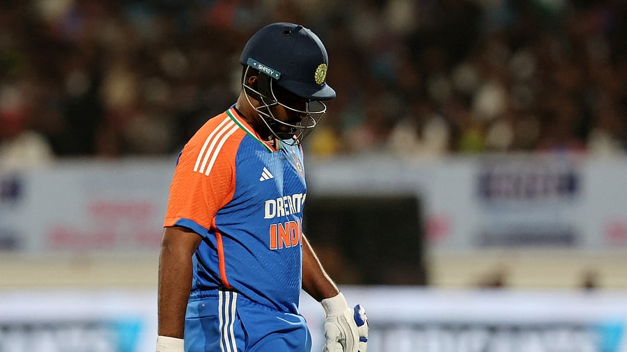 <div class="paragraphs"><p>File Photo: Saurashtra Cricket Association Stadium, Rajkot, India - January 28, 2025, India's Sanju Samson walks after losing his wicket, caught by England's Adil Rashid off the bowling of Jofra Archer REUTERS/Amit Dave</p></div>