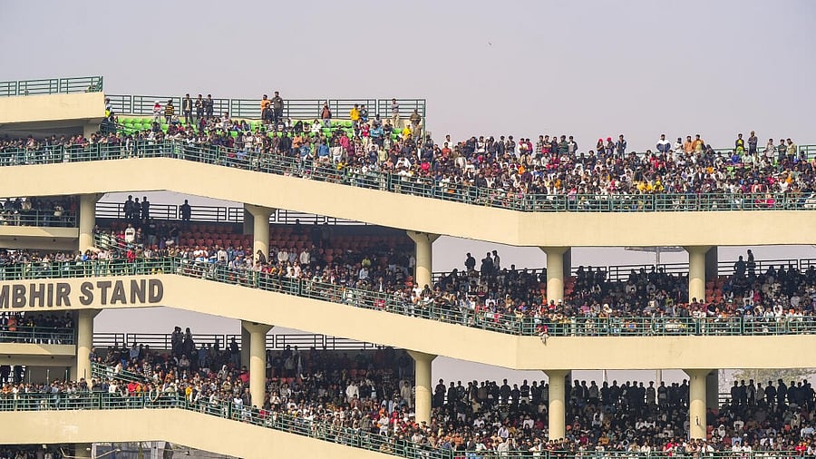 <div class="paragraphs"><p>Spectators are seen at the 'Gautam Gambhir Stand' on the first day of a Ranji trophy cricket match between Delhi and Railways, at the Arun Jaitley Stadium, in New Delhi, Thursday, Jan. 30, 2025.</p></div>
