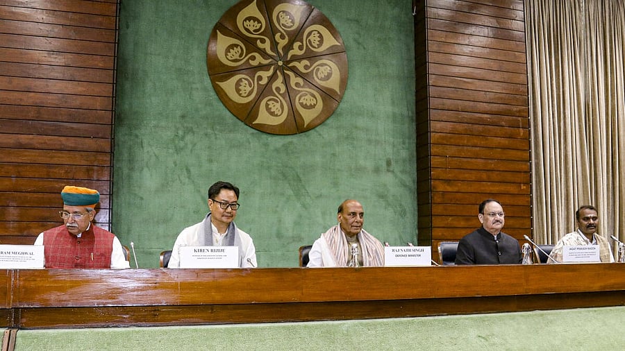 <div class="paragraphs"><p>Union Ministers Rajnath Singh, JP Nadda, and Kiren Rijiju with MoS L. Murugan and Arjun Ram Meghwal during an all-party meeting, convened by the government, ahead of the Budget session of Parliament, in New Delhi, Thursday, Jan. 30, 2025.</p></div>