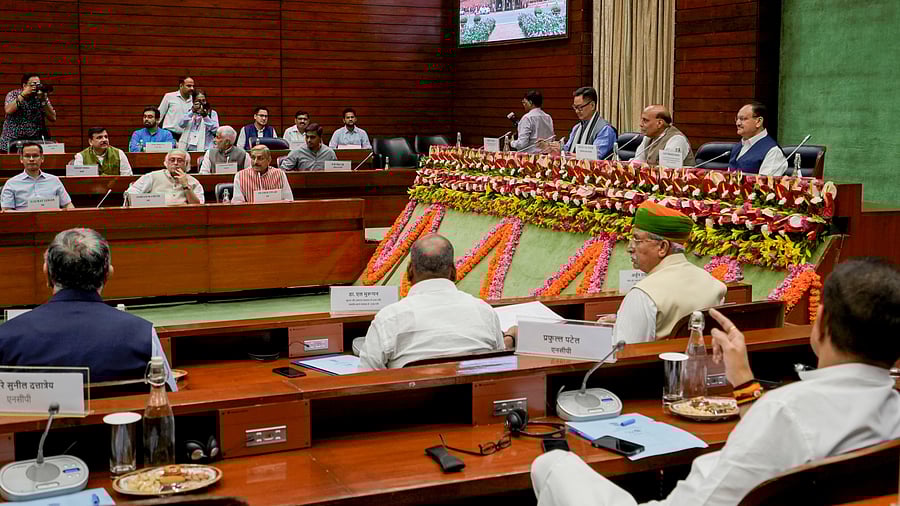 <div class="paragraphs"><p>File Photo: Defence Minister Rajnath Singh, Union Minister for Parliamentary Affairs Kiren Rijiju and Union Minister Jagat Prakash Nadda during the all-party meeting ahead of the Budget session of Parliament, in New Delh. </p></div>