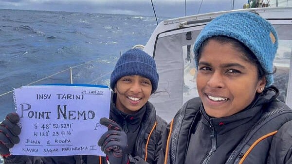<div class="paragraphs"><p>Lt Commander Dilna K and Lt Commander Roopa A aboard INS Tarini as it crosses Point Nemo - the Oceanic Pole of Inaccessibility.</p></div>