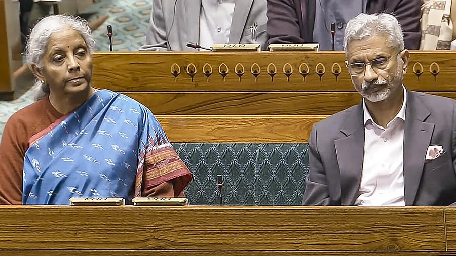 <div class="paragraphs"><p>Union Finance Minister Nirmala Sitharaman and Union External Affairs Minister S Jaishankar during the joint sitting of both Houses of Parliament addressed by President Droupadi Murmu marking the start for the Budget session, in New Delhi, Friday, Jan. 31, 2025.</p></div>