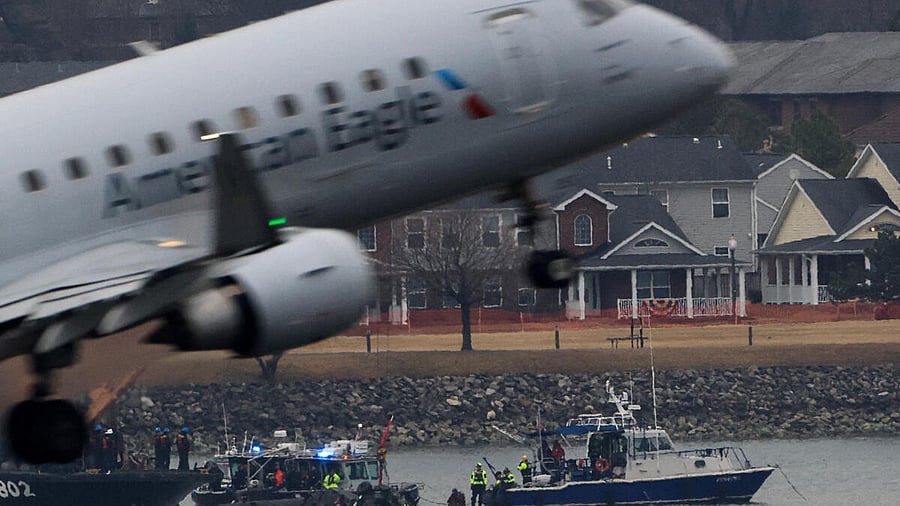 <div class="paragraphs"><p>An American Eagle plane departs the Ronald Reagan Washington National Airport, as search and rescue teams work nearby, in the aftermath of the collision of American Eagle flight 5342 and a Black Hawk helicopter that crashed into the Potomac River, in Arlington, Virginia, U.S., January 31, 2025.</p></div>