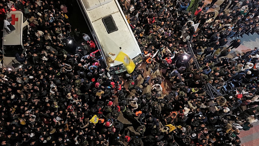 <div class="paragraphs"><p>A drone view of people gathering during the arrival of the freed Palestinian prisoners.</p></div>
