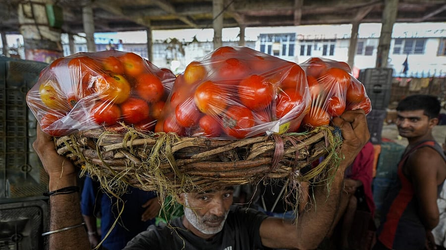 <div class="paragraphs"><p>A labourer carries packets of tomato at Azadpur Mandi, in New Delhi.</p></div>