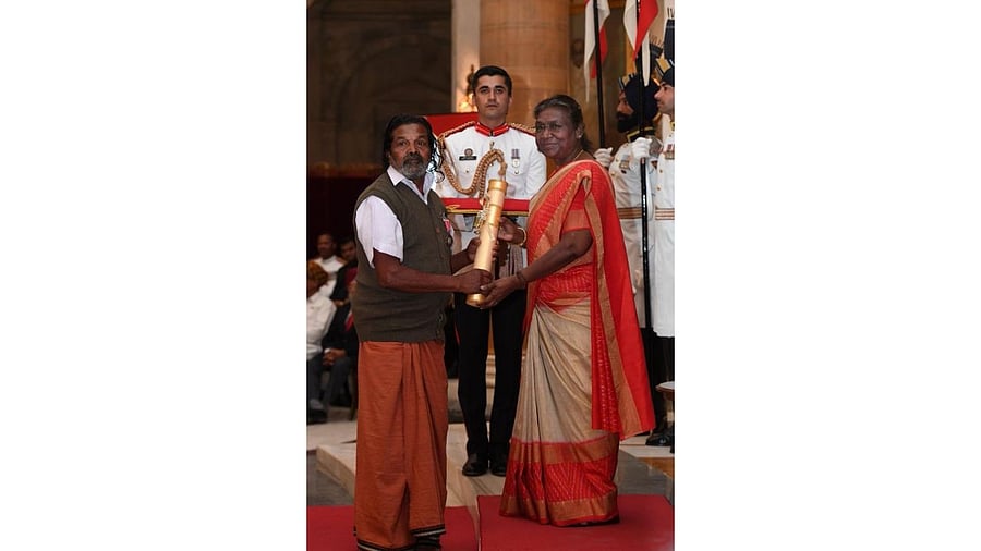<div class="paragraphs"><p>President Droupadi Murmu presents the Padma Shri award to Raman Cheruvayal in the category of ‘Agriculture’. A tribal farmer from Kerala, he is known for his contribution to sustainable agriculture and preservation of biodiversity. </p></div>