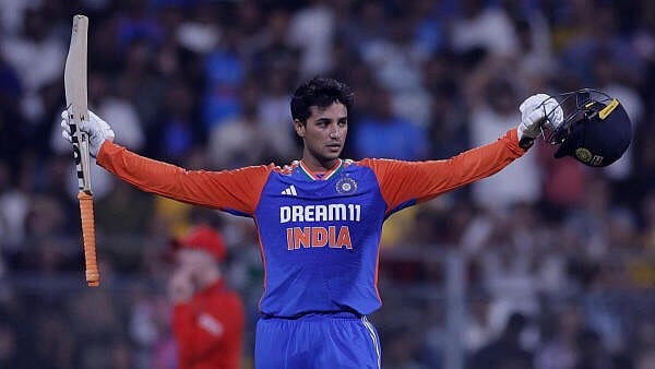 <div class="paragraphs"><p>Abhishek Sharma celebrates after reaching his century</p></div>