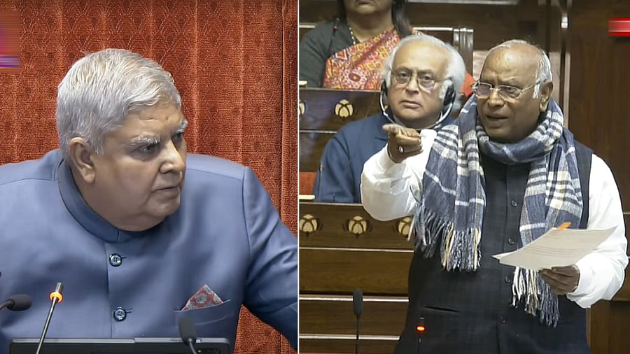 <div class="paragraphs"><p>Vice President and Rajya Sabha Chairman Jagdeep Dhankhar conducts proceedings of the House as LoP Mallikarjun Kharge speaks during the Budget session of Parliament, in New Delhi, on Monday.</p></div>