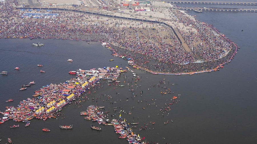 <div class="paragraphs"><p>An aerial view of Sangam ahead of Basant Panchmi Amrit Snan as devotees take a holy dip during the ongoing ‘Maha Kumbh Mela’ festival, in Prayagraj, Uttar Pradesh</p></div>
