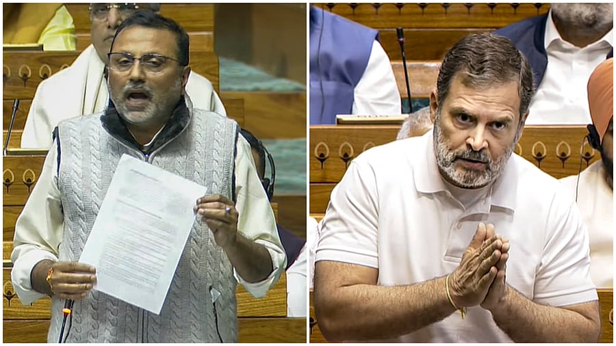 <div class="paragraphs"><p>From L to R)&nbsp;<a href="https://www.deccanherald.com/tags/bjp">BJP</a> MP Nishikant Dubey; Leader of Opposition in the Lok Sabha Rahul Gandhi speaks in the House</p></div>