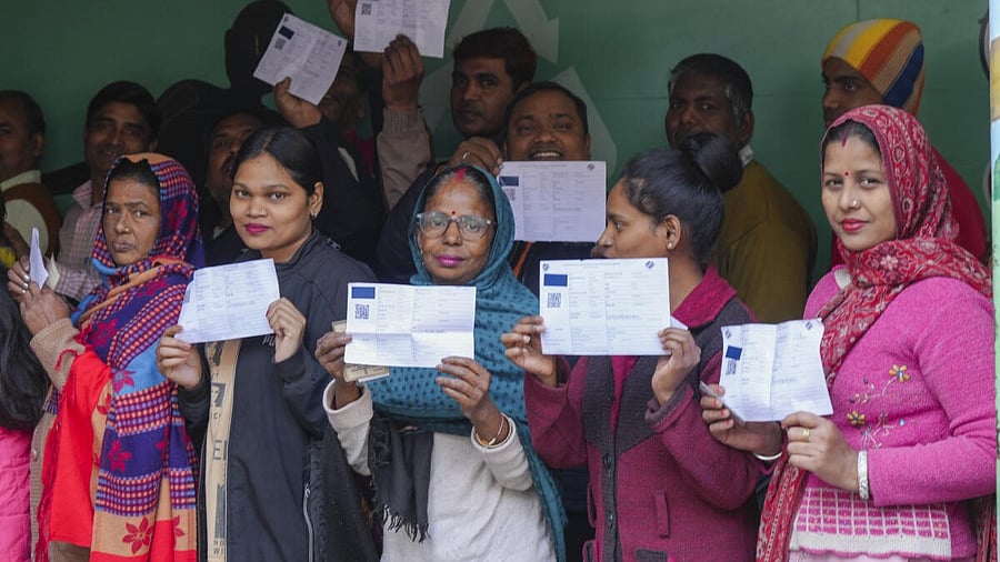 <div class="paragraphs"><p>Voters stand in a queue to cast their votes at a polling station at Jafrabad area during the Delhi Assembly elections, in New Delhi, Wednesday, Feb. 5, 2025.</p></div>