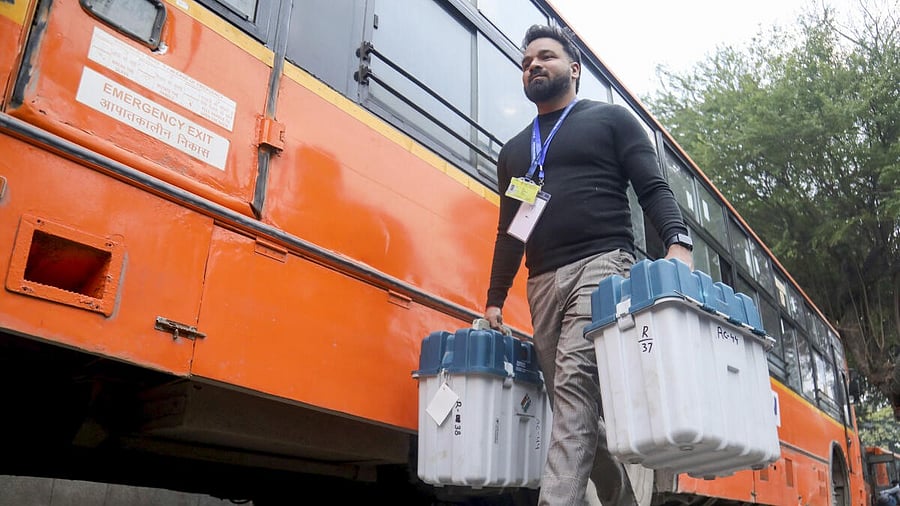 <div class="paragraphs"><p>A polling officials carrying EVMs and other election materials.</p></div>