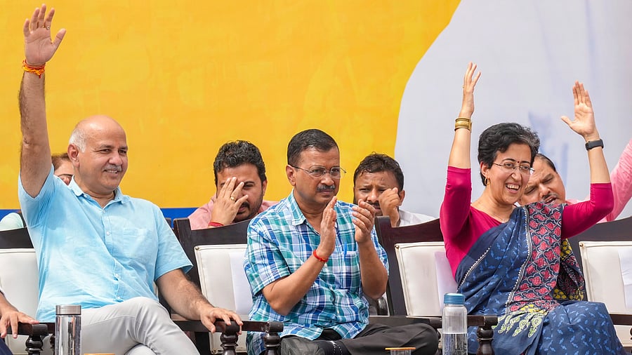 <div class="paragraphs"><p>Delhi Chief Minister Atishi, AAP national convener Arvind Kejriwal and party leader Manish Sisodia.</p></div>