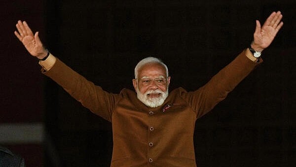 <div class="paragraphs"><p>Prime Minister Narendra Modi gestures during celebrations at the BJP HQ after the party won the Delhi Assembly election, in New Delhi, Saturday, Feb. 8, 2025.</p></div>