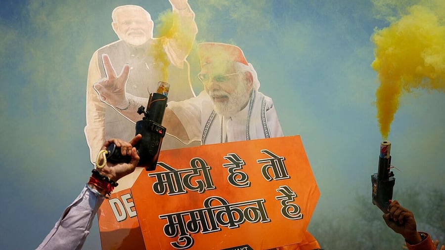 <div class="paragraphs"><p>Bharatiya Janata Party (BJP) supporters celebrate outside the BJP state headquarters, as BJP is projected leading in the election results in the Delhi state, in New Delhi, India, February 8, 2025.</p></div>