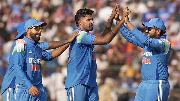 <div class="paragraphs"><p>Indian bowler Harshit Rana with teammates celebrates the wicket of England batter Harry Brook during the second One Day International (ODI) cricket match between India and England, at Barabati Stadium, in Cuttack, Odisha.</p></div>