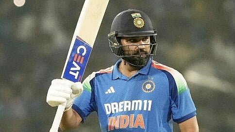 <div class="paragraphs"><p>Indian batter Rohit Sharma celebrates his century during 2nd ODI match against England at Barabati stadium in Cuttack.</p></div>