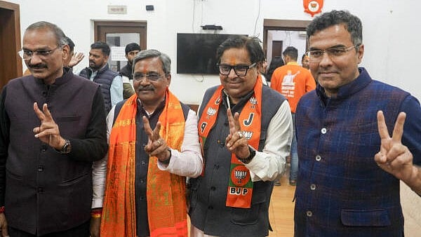 <div class="paragraphs"><p>BJP winning candidates Anil Sharma, Satish Upadhyay, Harish Khurana and Parvesh Verma before a meeting after the victory in Delhi Assembly elections, at the Delhi state office in New Delhi, Sunday, Feb. 9, 2025.</p></div>