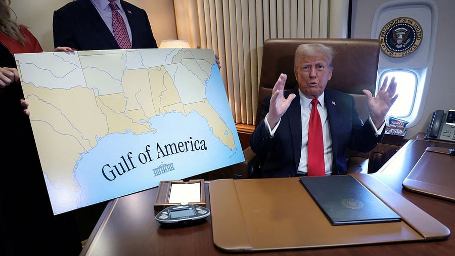 <div class="paragraphs"><p>US President Donald Trump speaks to reporters after signing a proclamation renaming the Gulf of Mexico to the Gulf of America, while flying over the gulf aboard Air Force One en route to New Orleans to attend the Super Bowl.</p></div>