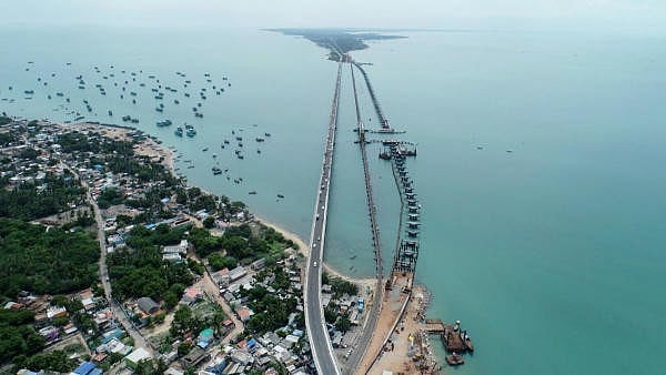 <div class="paragraphs"><p>Aerial view of India's first vertical lift bridge which will connect Rameswaram in the Arabian Sea to mainland India.</p></div>