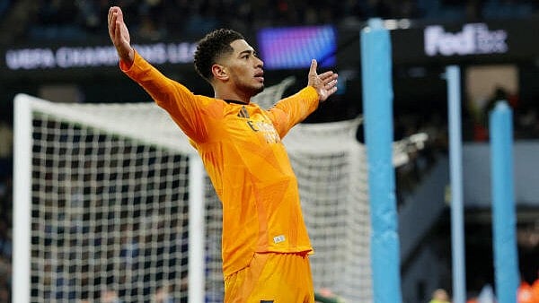 <div class="paragraphs"><p>Real Madrid's Jude Bellingham celebrates scoring their third goal</p></div>