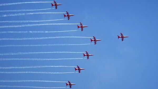 <div class="paragraphs"><p>Indian Air Force (IAF) Suryakiran aerobatic team performs during the "Aero India 2025" air show at Yelahanka air base in Bengaluru.</p></div>