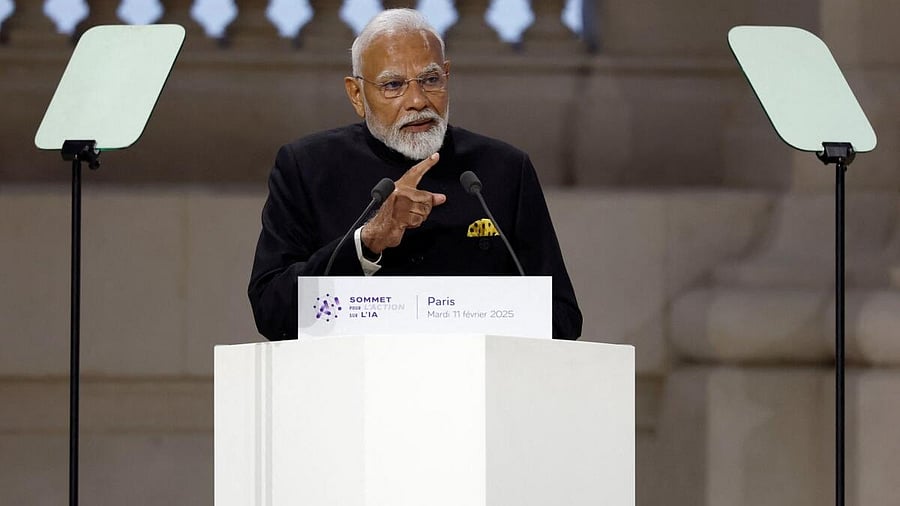 <div class="paragraphs"><p>Prime Minister Narendra Modi delivers a speech during the plenary session of the Artificial Intelligence (AI) Action Summit at the Grand Palais in Paris, France, February 11, 2025.</p></div>