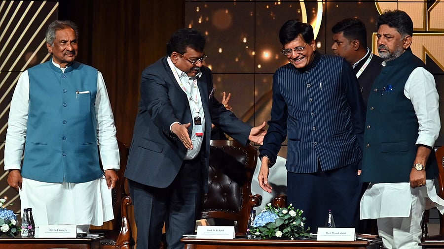 <div class="paragraphs"><p>(From Left) Energy Minister KJ George, Commerce and Industries, and Infrastructure Minister MB Patil, Union Commerce Minister Piyush Goyal and Deputy Chief Minister DK Shivakumar at Invest Karnataka, in Bengaluru on Wednesday. </p></div>