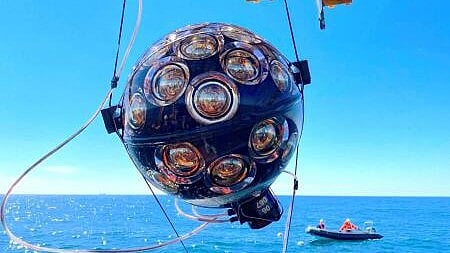 <div class="paragraphs"><p>The KM3NeT Digital Optical Module is seen during a recovery operation in the Mediterranean Sea.</p></div>