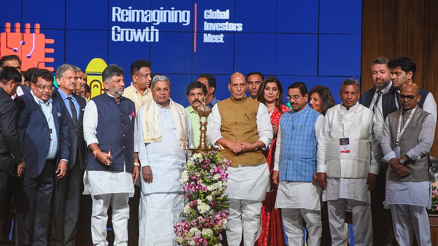 <div class="paragraphs"><p>(from left) M B Patil, Large and Medium Scale Industries Minister, Anand Mahindra, chairperson, Mahindra and Mahindra, D K Shivakumar, DyCM, M C Sudhakar, Higher Education Minister, Siddaramaiah Chief Minister, Rajnath Singh, Union Defence Minister, Pralhad Joshi, Union Minister for Consumer Affairs, Food and Public Distribution; and New and Renewable Energy, Geetanjali Kirloskar, Chairperson, Kirloskar systems, Kiran Mazumdar Shaw, Chairperson Biocon, K H Muniyappa, Food and Civil supplies Minister, Michael Briggs, Motion and Energy Business Unit President NIDEC, Sudarshan Venu MD TVS Motors are seen at the Invest Karnataka, Global investors Meet (GIM) inauguration programme at Bengaluru Palace in Bengaluru on Tuesday, 11th February 2025.. </p></div>