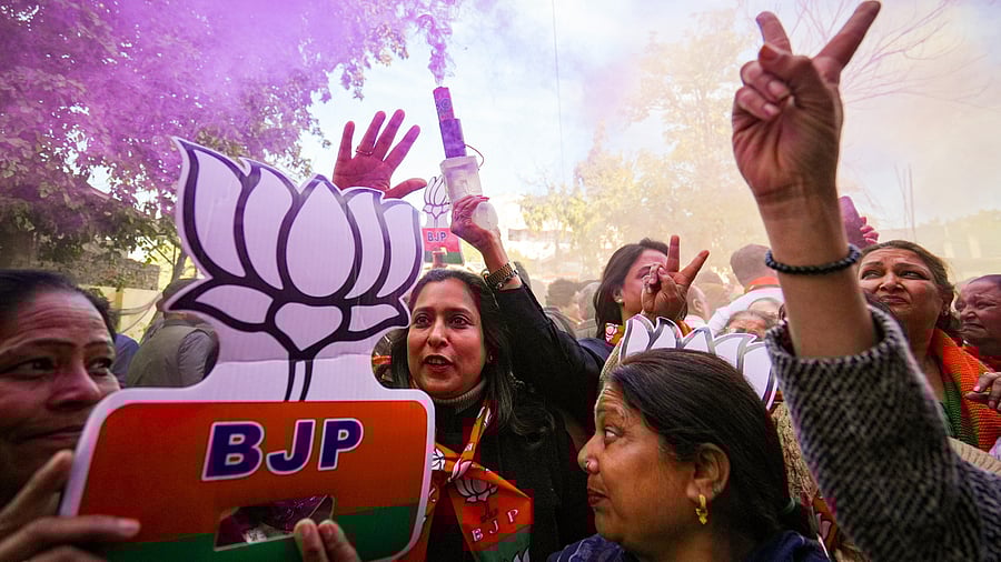 <div class="paragraphs"><p>BJP workers celebrate the party's victory in the Delhi Assembly elections, 2025.</p></div>